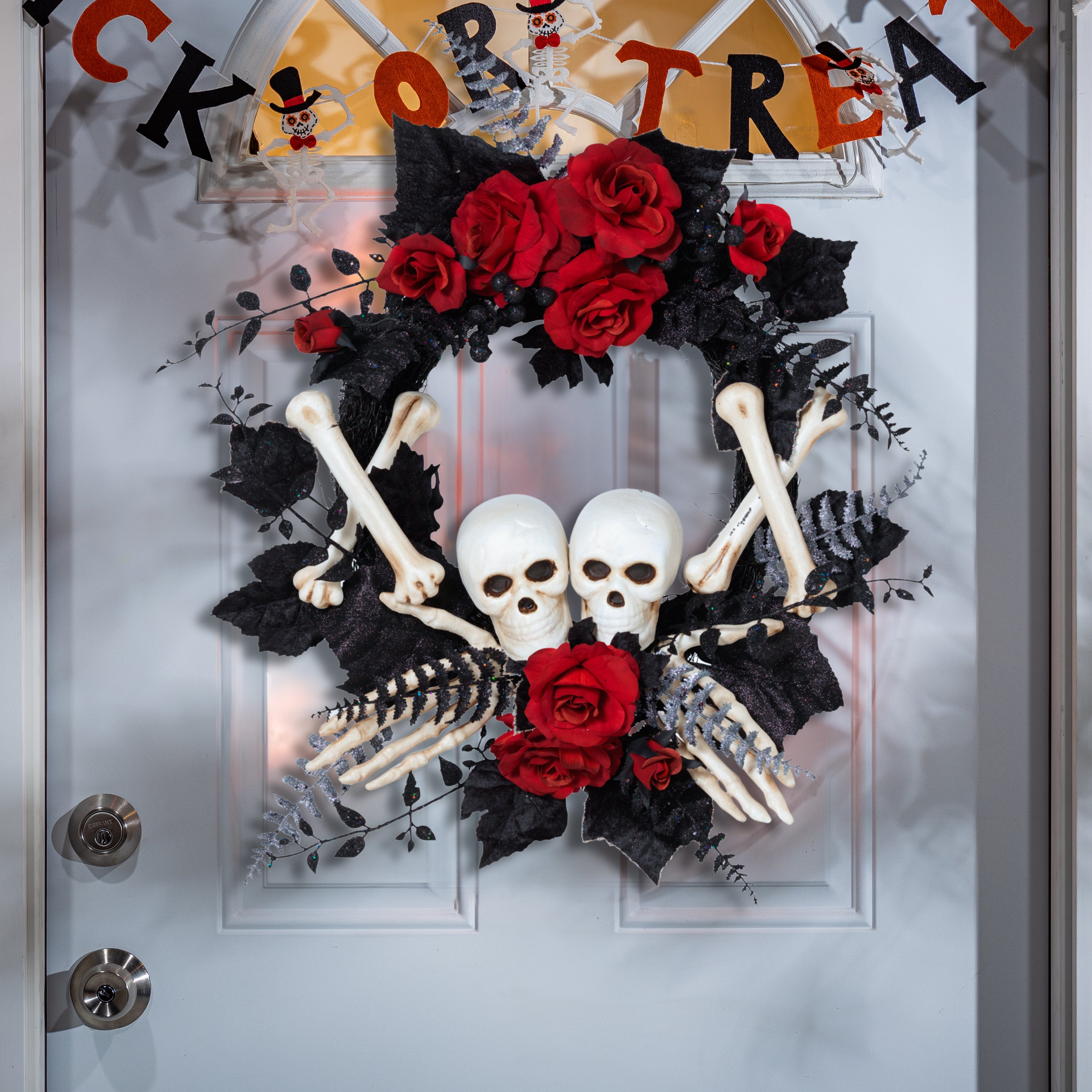 24-Inch Diameter Halloween Skeleton and Roses Wreath